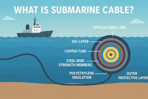 Submarine cable structure diagram showing optical fiber core and protective layers